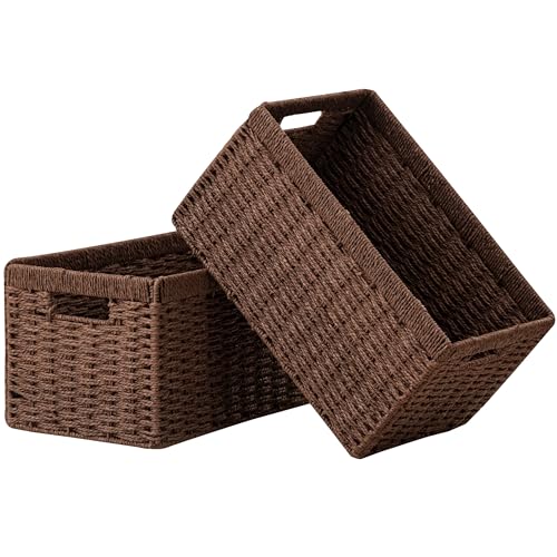 UBBCARE 2 Pack Wicker Basket, 13.4L×8.3H×7.1W inch Woven Paper Rope Storage Baskets for shelves, Foldable Rectangular Storage Baskets with Handle, Storage Basket for Organizing, Dark Brown - color: Dark Brown, size: 2pack Medium