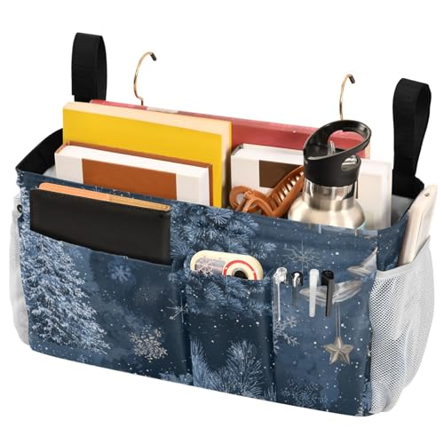Bedside Caddy Metal Frame Hanging Organizer Bunk Bed Dorm Accessories Hook And Loop Storage Bag Large Pockets Denim Tree Present Christmas - color: Denim Tree Present Christmas