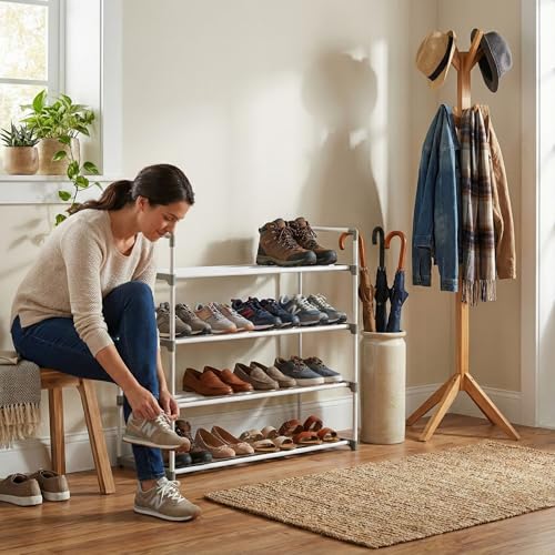 Home-Complete Shoe Rack – 4-Tier Shoe Organizer for Closet, Bathroom, Entryway – Shelf Holds 20 Pairs of Sneakers, Heels, and Boots (White) - color: White, size: 4-Tier