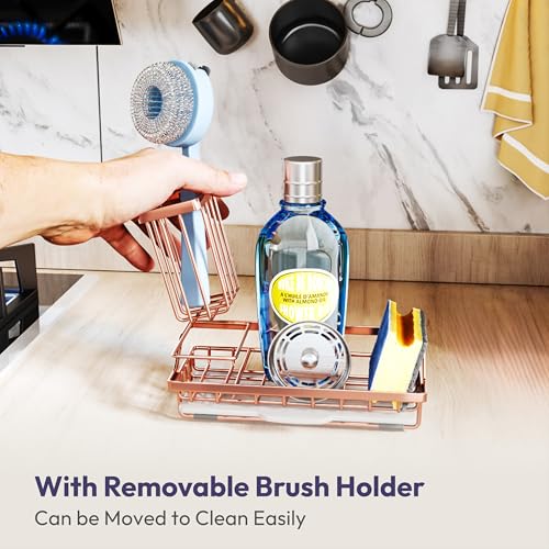SWTYMIKI Sink Caddy Kitchen Sink Organizer with Detachable Brush Holder, Stainless Steel Sponge Holder with Removable Drip Tray Sponge Caddy for Kitchen Countertop, Rose Gold - color: Rose Gold, size: Medium