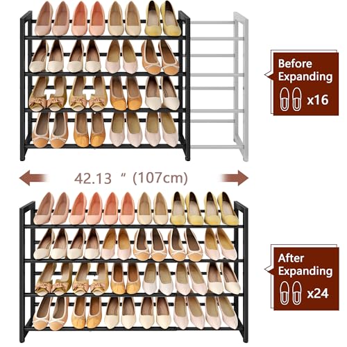 FAVOOSTY 4-Tier Expandable Shoe Rack, Adjustable Shoe Shelf Storage Organizer Space Saving Metal Free Standing Shoe Rack for Entryway Closet Doorway, Black - color: Black, size: 4 Tier