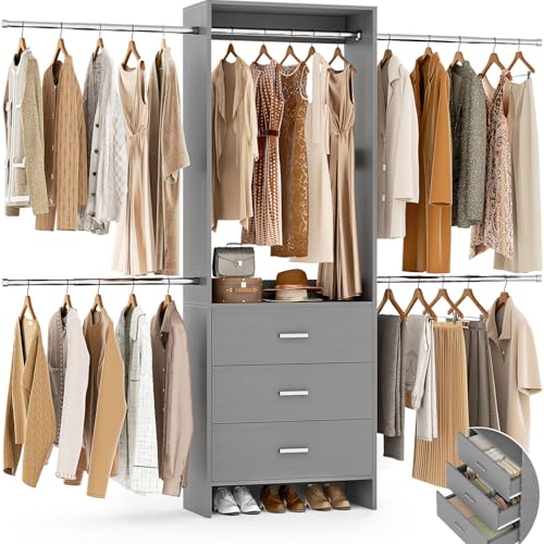 Aheaplus Closet System, Closet Organizer with 3 Wooden Drawers, Closet Organizer System, Walk-in Closet Wardrobe Clothes Rack with 4 Hanging Rods, Garment Rack, -4R, Grey - color: Grey, size: Without Light