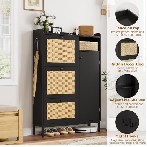 GarveeHome Shoe Cabinet Rattan with 3 Flip Drawers and 4-Tier Shoe Storage Cabinet, Freestanding Shoe Organizer with Adjustable Shelves for Entryway, Closet, Hallway (Black) - color: Black, size: 3-Drawers + 1-Door