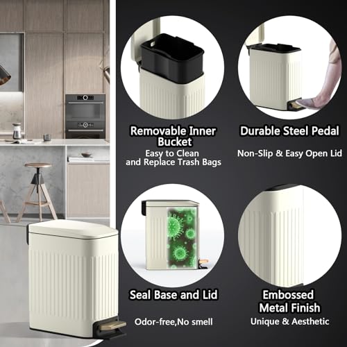 Small Bathroom Trash Can with Lid Soft Close-6L/1.6 Gal Slim Step Garbage Can-Metal Pedal Wastebasket-Narrow Rectangle Garbage Container Bin for Corner Office, Bedroom, Toilet, Live Room-Beige - color: Embossed-Beige