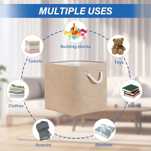Temary Fabric Baskets 12 Inch Storage Cubes Basket, Clothes Baskets for Shelf, 4 Pack Large Storage Basket with Handles for Organizing Books, Blankets (Linen Yellow) - color: Linen Yellow, size: 12"L x 12"W x 12"H