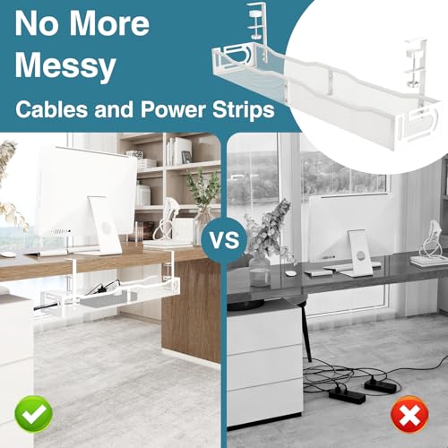 No Drill Under Desk Cable Management Tray, SONATURE 25.3" Cord Organizer for Table, Clamp Mount Desk Cable Management, Premium Carbon Steel Cable Organizer for Office, Home (White) - color: White, size: 25.3 inchs