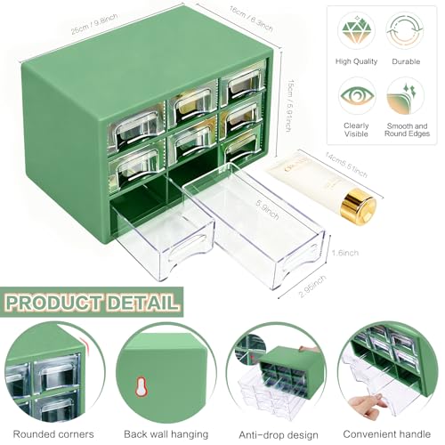 Desk Storage Organizer with 9 Drawers, FODIENS Stackable Desktop Craft Drawer Cabinet, Clear Storage Box Caddy for Makeup Jewelry Office Craft Supplies (9.84×6.3×5.9in) (Green) - color: Green
