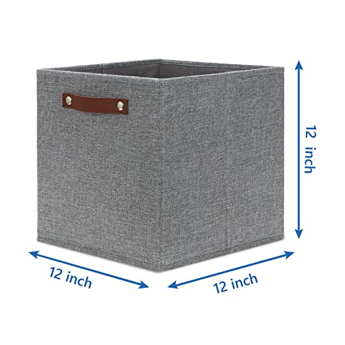 Temary 12x12 Storage Cube Bins 4 Pack Fabric Storage Cubes Storage Bins with Leather Handles, Storage Baskets Foldable Cube Organizers Bins for Home (Grey) - color: Grey, size: 12×12×12