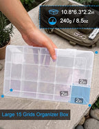 Hlotmeky Plastic Organizer Box with Dividers Bead Organizer 15 Large Grids Tackle box Organizer Clear Snackle Box Container