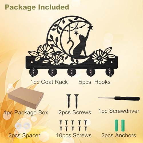 MAYJOYDIY Cat Moon Flower Coat Rack Wall Mounted Wood Animal Moon Star Key Hanger Wall Art Decor 11.8×7.9inch 5 Alloy Hooks Black Key Rack Organizer for Gift Entryway Hallway Kitchen Room - color: Cat