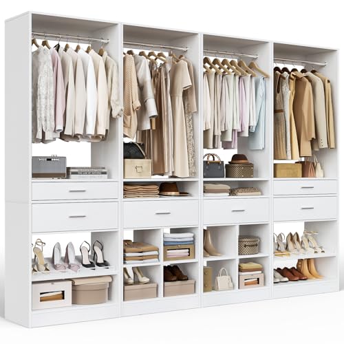 Unikito Closet System, 8.3FT Closet Organizer with 6 Wooden Drawers, Hanging Rods, Adjustable Shoe Rack and Cube Storage, Easy Assembly Wardrobe Tower, Set of 4, White - color: White, size: 100 Inch