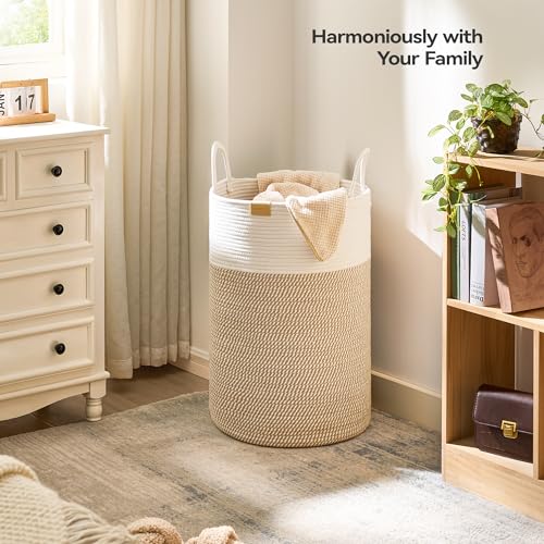 Nunsino Laundry Hamper 75L,Large Laundry Basket for Clothes,Decorative Storage Basket for Blankets,Cotton Rope Woven basket for bedroom,Brown White - color: Brown&White, size: 75L/19.8Gal