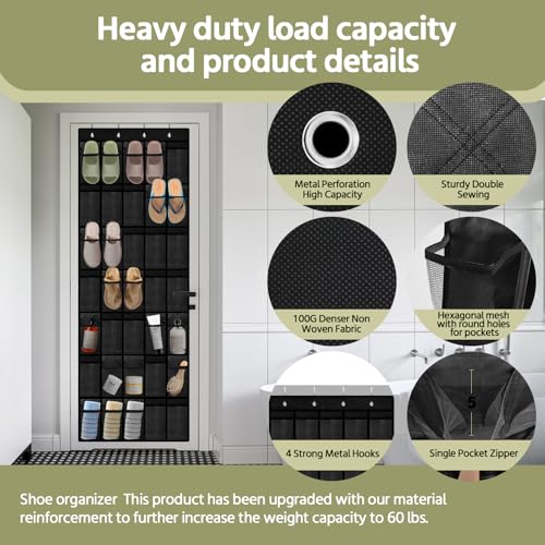 PAULONE 35 Pocket Over the Door Shoe Organizer,Reusable Breathable Large Mesh Bag Men's & Women's Sneaker Organizer,Shoe Organizer for Kids,Hanging Shoe Storage Hanging Bag (Black) - color: Black