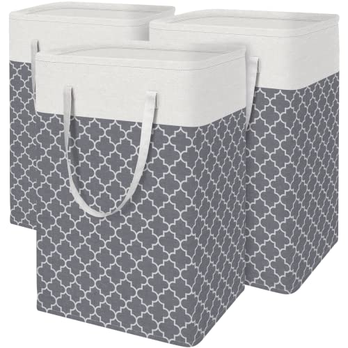 BlissTotes 3-Pack Laundry Basket, Freestanding＆Waterproof Laundry Hamper, Collapsible Tall Clothes Hamper with Easy Carry Handles for Clothes, Towels in the Family and Dorm,Clover Grey,88L - color: Clover Grey, size: 88L