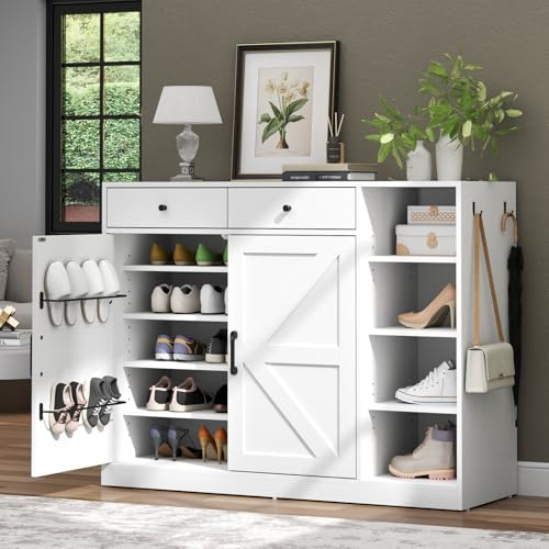Loomie 5-Tier Shoe Cabinet with 4 Side Cubbies, Farmhouse Shoe Rack Cabinet with 6 Adjustable Shelves & 2 Drawers, Freestanding Shoe Storage Cabinet with 4 Brackets & 2 Hooks for Entryway (White) - color: White