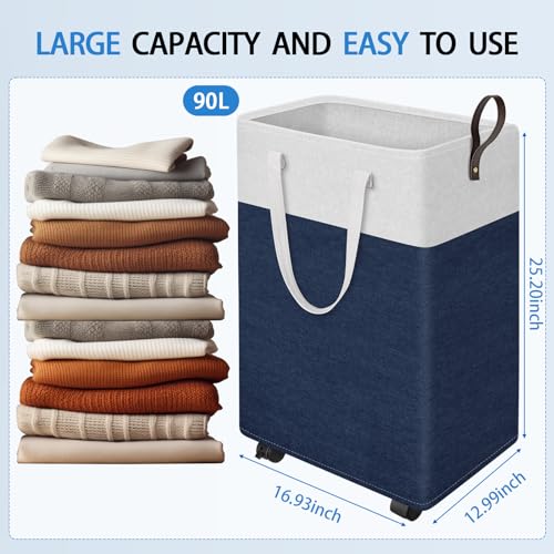 HomeHacks 90L Rolling Laundry Hamper with 4 Smooth Wheels, Collapsible Waterproof Clothes Basket, Freestanding Tall Hamper with Extended Handles for Bedroom/Dorm/Laundry Room (Blue) - color: Blue, size: 90L