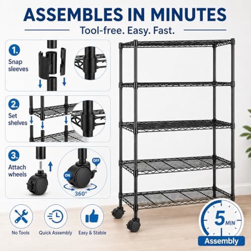 Simple Deluxe 5-Tier Heavy Duty Adjustable Shelf with Wheels, 23.23”W x 13.39”D x 59.45”H,Metal Storage Rack, Easy Tool-Free Assembly for Garage, Warehouse, Basement, Laundry, Black - color: Black, size: 5-Tier, 23.23”W x 13.39”D x 59.45”H