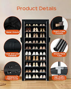 CASAMAYA Shoe Rack with Covers, 10 Tiers Tall Shoe Rack Organizer, Large Capacity Shoe Shelf Storage, Hold 30 Pairs of Shoes, Vertical Shoe Storage Organizer for Closet, Entryway, Black, SRT103B01 - size: 24.8"W - 10 Tier