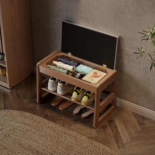 AQIMUELE Shoe Rack Bench,2 Tiers Shoe Bench with Storage with Flip-Top,Wood Shoe Rack for Entryway,Hallway（Walnut Upholstered Seat,11.8" D x 23.62" W x 15.7" H） - color: Walnut Upholstered Seat, size: 11.8"D x 23.62"W x 15.7"H