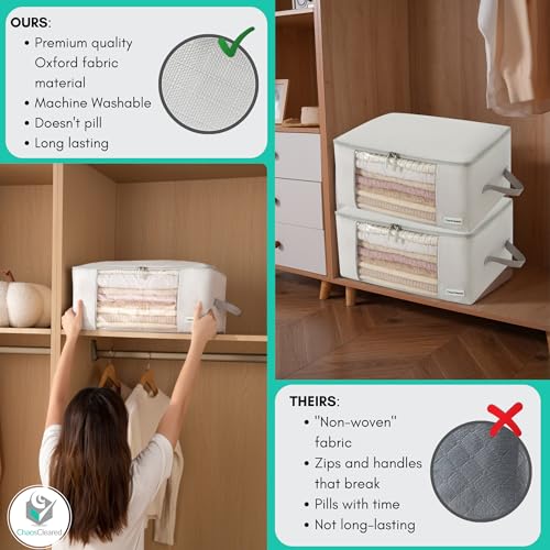 2 Pack Clothing Storage Bags Clothes Organizer folding fabric bags for sweaters, clothing, garment, bedding, quilt, linens, large folding organizers with zip & window, mothproof underbed space savers - color: Grey