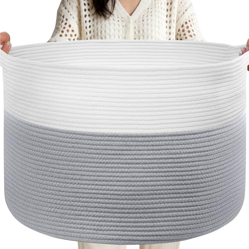 XXL Large Laundry Basket, 90L Soft Cotton Rope Basket, Blanket Storage and Organizers, Baby Nursery Laundry Hamper, Extra Large Toys Storage Bins for Kids 23'' x 13'', White & Gray - color: Gray & White, size: 90L