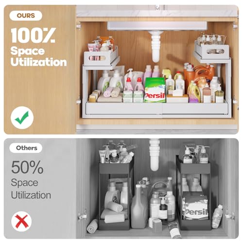1 Pack-19"-32"W Expandable Under Sink Organizer With Upgrade Ball-Bearing Slide,2-Tier Pull Out Under Cabinet Organizer Height Adjustable,Not Suitable For Cabinets With Partitions In The Middle - color: White, size: 1 Pack-19"-32"W