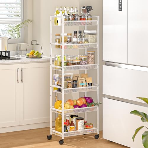 6 Tier Slim Rolling Storage Cart, Narrow Mobile Shelving Unit Organizer Utility Cart with Wheels, Metal Wire Storage Rack with Baskets for Kitchen, Bathroom, Laundry & Living Room, 10in(W) White - color: White, size: 6 Tier(10 inches)