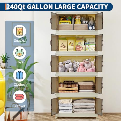 GarveeHome 240QT Stackable Storage Bins, Folding Storage Box with Magnetic Doors & Wheels, Loset Organizers and Storage with Lids, Collapsible Plastic Drawers for Bedroom Kitchen Office, White - color: 5rd Floor, size: 48QT