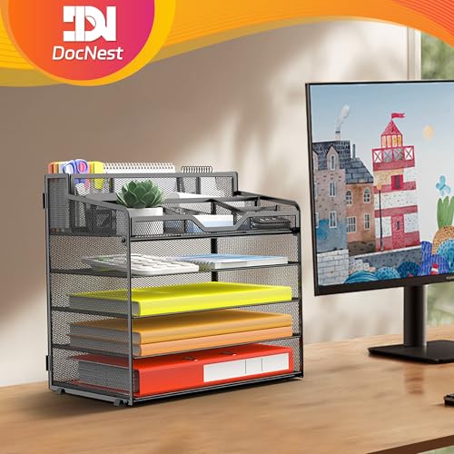 Docnest 5 Tier Mesh Desk Organizer for Paper Office Supplies – Multi-Functional Letter Tray with 5 Adjustable Compartments, 3 Pen Holders, Desktop Storage for Files, Mail, Stationery – Black - color: Black, size: 12.7" x 9.1" x 13.2"