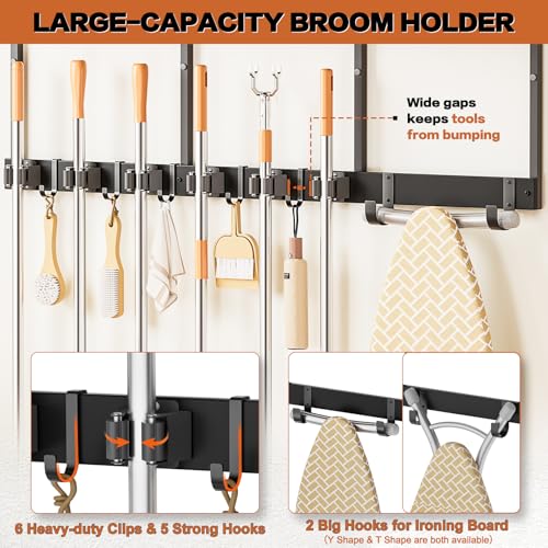 Broom Holder Wall Mount with Cleaning Supplies Organizer, Laundry Room Organization and Storage Shelves with Ironing Board Holder, Mop Hanger Broom Rack with Hooks, Home Improvement Garage Organizer - size: Extra Large