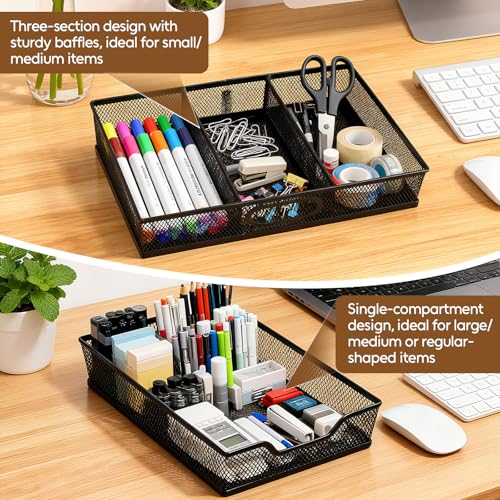 Yummy Sam 2 Pack Desk Drawer Organizer Tray, Office Drawer Organizer Tray with 2 Dividers, Metal Mesh Drawer Organizers for Desk, Desktop, Office Supplies, 12.2X8.8x2.1Inches