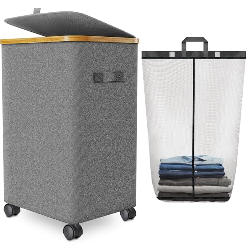 Laundry Hamper with Wheels,20 Gal (75L) Laundry Basket with lid Rolling Clothes Hamper Foldable Dirty Clothes Basket on wheels with Bamboo Frame and Bag for Bedroom, Dorm, Laundry Room-Grey - color: Grey, size: 75 L