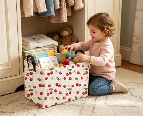 Sanjiaofeng Rectangular Kids Baskets,Pink Cherry Storage Bin,Kids Storage Bins,Collapsible Storage Bin Cute Organizer Box Books Box,Gift Basket,Girl Room Decor(Cherry) - color: Cherry