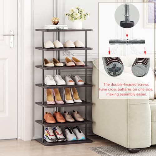 SORCEDAS 7 Tiers Vertical Shoe Rack Wooden Shoe Storage Organizer for Space Saving Narrow Shoe Shelf Storage 14 Pairs for Entryway Living Room Bedroom(Black + Rustic Dark Brown) - color: Black + Rustic Dark Brown, size: 7 Tier-Large