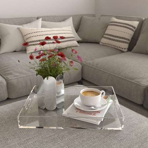 ATZYmolin 16"x12" Large Acrylic Serving Tray Decorative Ottoman Coffee Table Vanity Tray Tea Fruit Platter Snack Appetizer Dessert Drink with Handles for Bar Kitchen Party, Clear - color: Clear - Medium
