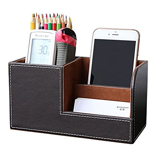 KINGFOM Desk Organizer Office Supplies Caddy Pu Leather Multi-function Storage Box Pen/Pencil,Cell phone, Business Name Cards Remote Control Holder Brown - color: S-Brown