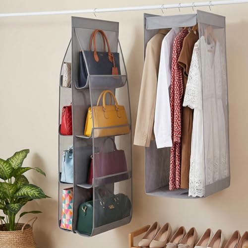 3 Packs Hanging Handbag Organizer for Closet, Purse Organizer For Closet, Purse Storage Holder with 8 Clear Pockets, Space Saving Purses Hanger for Wardrobe Door Wall, Gray
