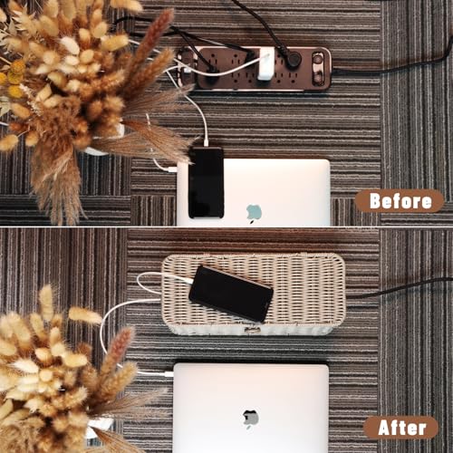 BROWNLILY Cable Management Box, Rattan Style Cord Organizer for Desk Cord Hider Outlet Covers Baby Proofing for Power Strip TV PC Router Charger Under Desk Storage with Lockable Lid and Cable Ties - color: Gray, size: M