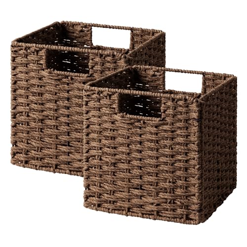 StorageWorks 9 inch Wicker Storage Cubes, Handwoven Wicker Baskets for Storage, Square Cube Organizer Bins, Foldable Paper Rope Basket for Organizing, Brown, 2 Pack - color: Brown, size: 9"L x 9"W x 9"H