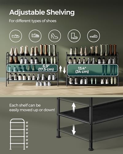 SONGMICS Shoe Rack, 4-Tier Shoe Organizer, Fabric Shoe Shelf Storage with 4 Hooks, Holds up to 24 Pairs of Shoes, Height-Adjustable Shoe Rack for Entryway, Hallway, Closet, Easy Assembly, Ink Black - color: Ink Black, size: 4 Tier (27.5"H)