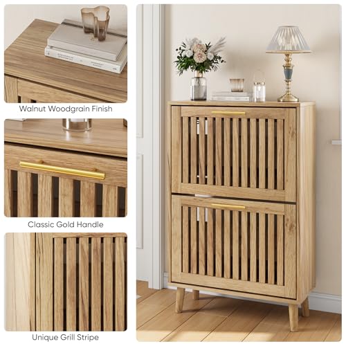 Smart FENDEE Shoe Cabinet with 2 Flip Slatted Drawers, Farmhouse Slim Shoe Organizer Rack with Golden Handles, Freestanding Hidden Entryway Storage for Hallway, Natural Oak - color: Natural Oak, size: 23.62" W
