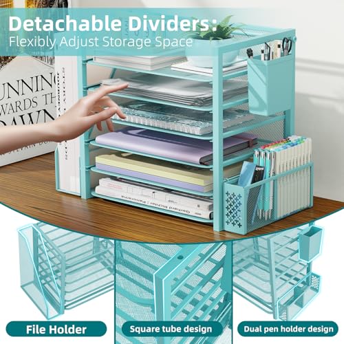 Simple Trending 6 Tier Desk File Organizer, Paper Letter Tray Organizer with File Holder and Pen Container, Blue - style: 6 Tier Blue-Pen Container