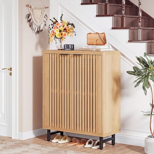 Tribesigns 6-Tier Shoe Cabinet with Shutter Doors, Large Wooden Shoe Organizer Rack with Adjustable Shelves, Modern Farmhouse Hidden Storage Furniture for Entryway, Hallway (Light Brown) - color: Light Brown