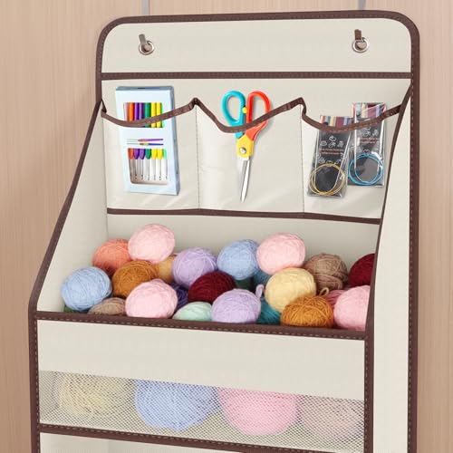 Univivi 6-Shelf Over Door Hanging Organizer Fabric Baby Door Storage with 5 Large Pockets and 3 Small PVC Pockets Wall Mount Hanging Storage Organizers for Baby Essential (Beige) - color: Beige, size: 6 LAYER