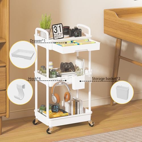 3 Tier Rolling Utility Cart with Drawer, Plastic Storage Organizer Rolling Carts with Wheels Handles Hanging Cups Hooks for Office, Bathroom, Kitchen,Craft Art Room (White) - color: White, size: 3-Tier