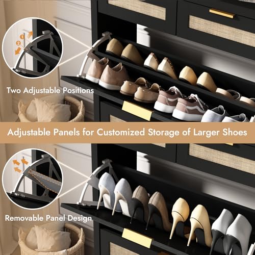 HOKYHOKY Rattan Shoe Storage Cabinet with 2 Drawers & 2 Flip Drawers – Hidden Slim Shoe Organizer for Entryway, Large Tabletop Space, Farmhouse Boho Narrow Shoe Rack, Rustic Black - color: Rustic Black, size: 2 Flips