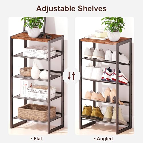 CHEMPFR Narrow 5-Tier Shoe Rack, Slim Space-Saving Shelf with Decorative Wood Top & Steel Mesh, Entryway/Closet/Dorm Organizer, 16.5x11.8x36 Inches - size: 5 Tier (16.5″x11.8″x36″)