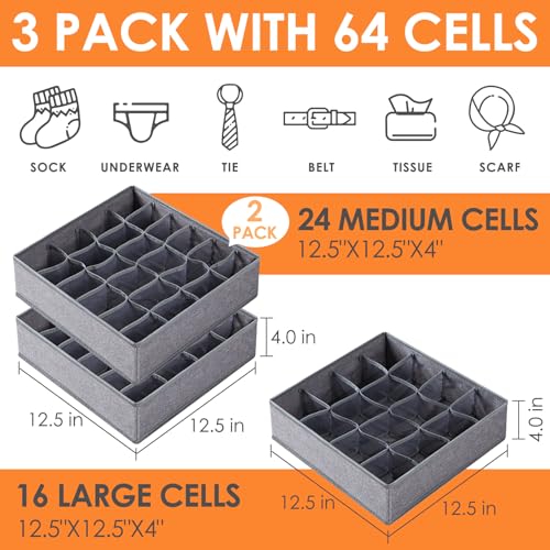 Criusia 3 Pack Sock Underwear Drawer Organizer Dividers, 64 Cell Fabric Foldable Dresser Organizer for Closet Organizers and Storage Boxes for Organizing Socks, Underwear, Ties (16+24+24 Cell, Gray) - color: Grey, size: A - 3 Pack & 64 Cells