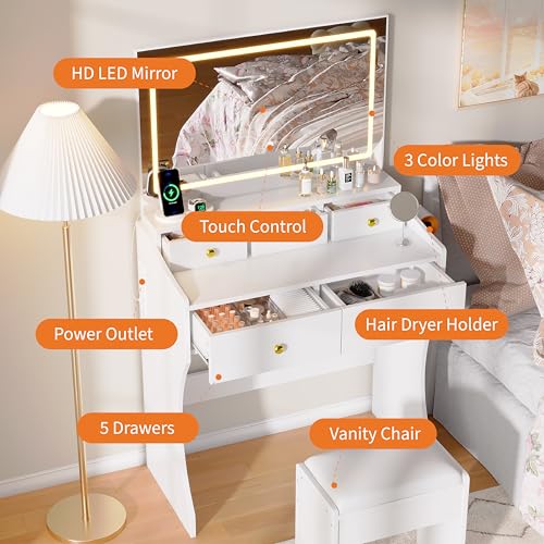 Garvee 31.5-Inch Wide Vanity with Chair, Womens Vanity with Stool, LED Mirror, Hairdryer Holder, Power Outlet, 3 Lighting Color Adjustable - color: White Vanity With Chair