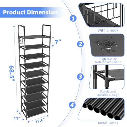 Simple Trending Tall Shoe Rack for Closet, 10 Tiers Narrow Shoe Shelf Holds 20 Pairs, Shoe Organizer Storage with Hooks, Black - size: 10 Tiers Narrow, Black